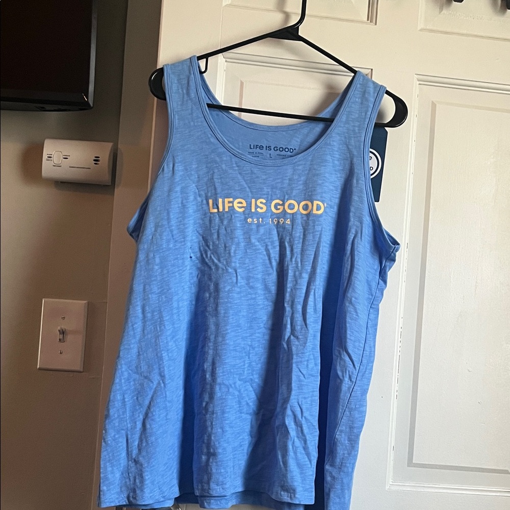 Life Is Good Sky Blue Tank with Yellow Text